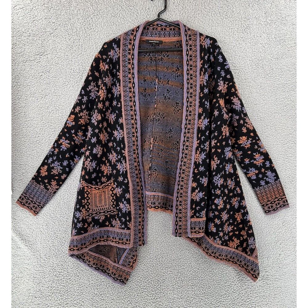Nanette Lepore Bianca Jacquard Black Copper‎ Mixed Pattern Wool Cardigan Large